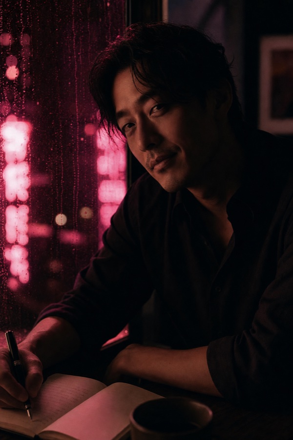 JJ Lang, seated by a rain-streaked window at night