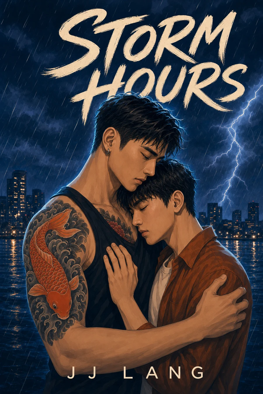 Storm Hours by JJ Lang — a painted romance cover of two men embracing beneath lightning over Taipei.