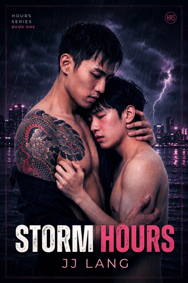Storm Hours — JJ Lang. Two men embracing in the rain against a stormy city skyline.